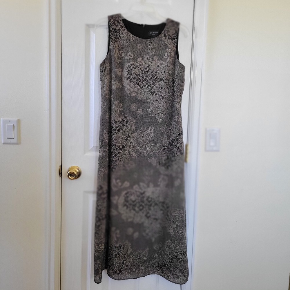 Virgo Petite 2 Piece Dress Set Womens 10 Grey Black Floral Lace Print Maxi - Picture 3 of 16